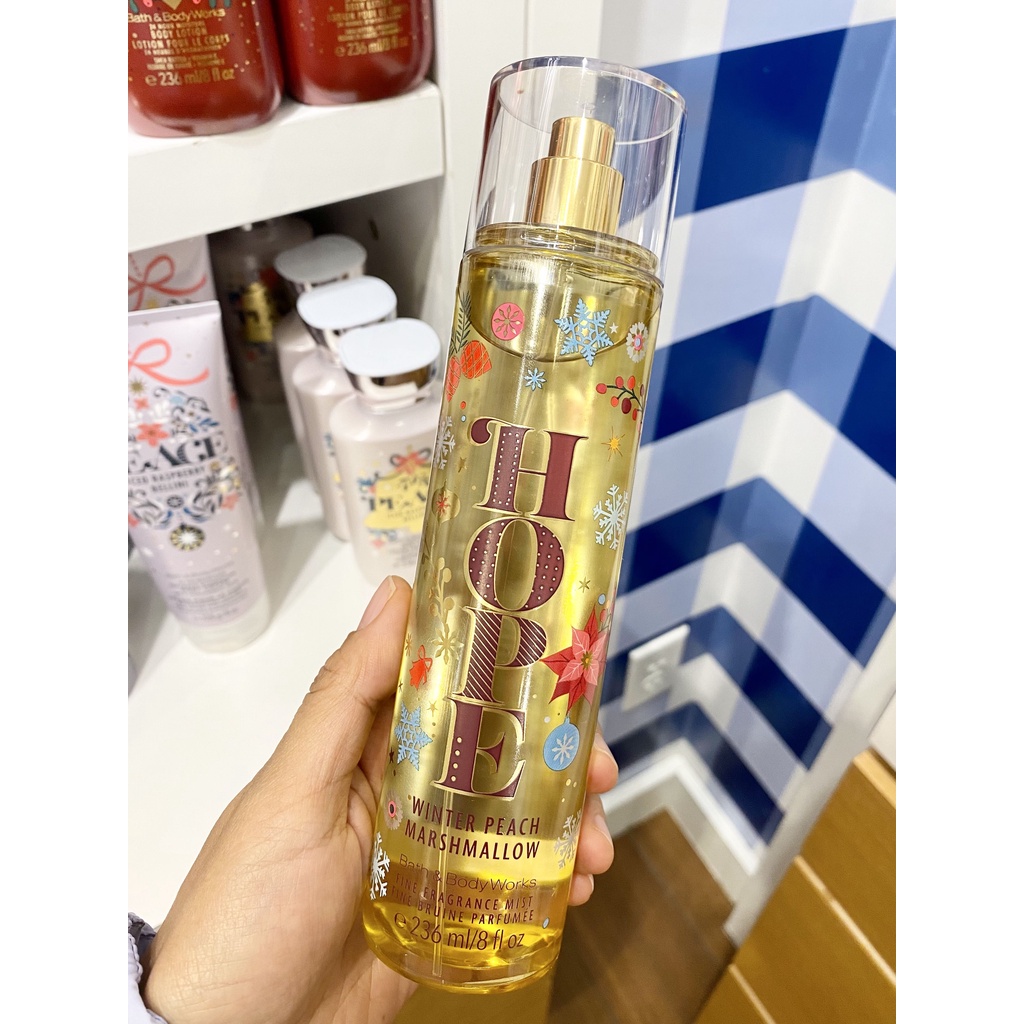 -𝐌𝐨𝐨𝐌𝐨𝐨- Xịt thơm toàn thân Bath &amp; Body Works mùi Winter Peach Marshmallow 50ml/100ml - 236ml Full Seal - New