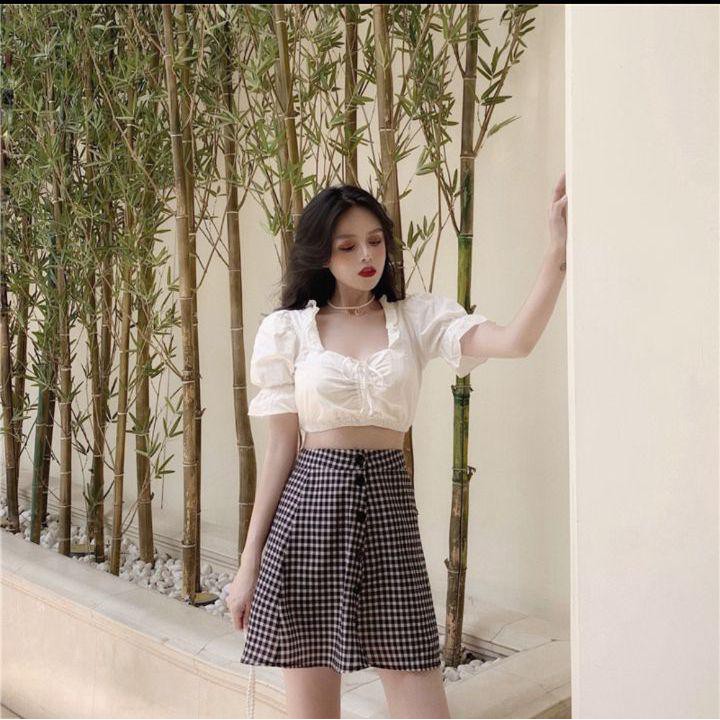 11321B1-5 Áo sơ mi blouse croptop tay bồng, chất kate mịn đẹp