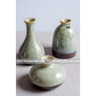 Bộ 3 lọ hoa mini men hỏa biến màu lá mạ, gốm Bát Tràng
