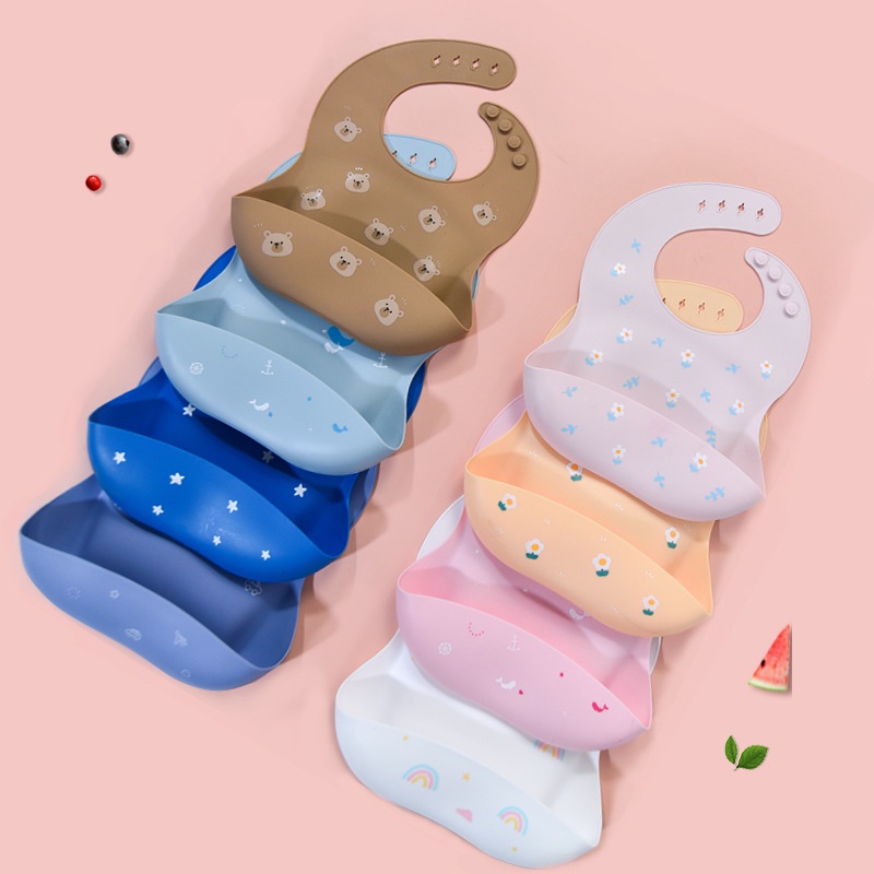 Yếm ăn silicone dẻo chống thấm nước in họa tiết hoạt hình nhiều mẫu tùy chọn điều chỉnh được dành cho trẻ sơ sinh