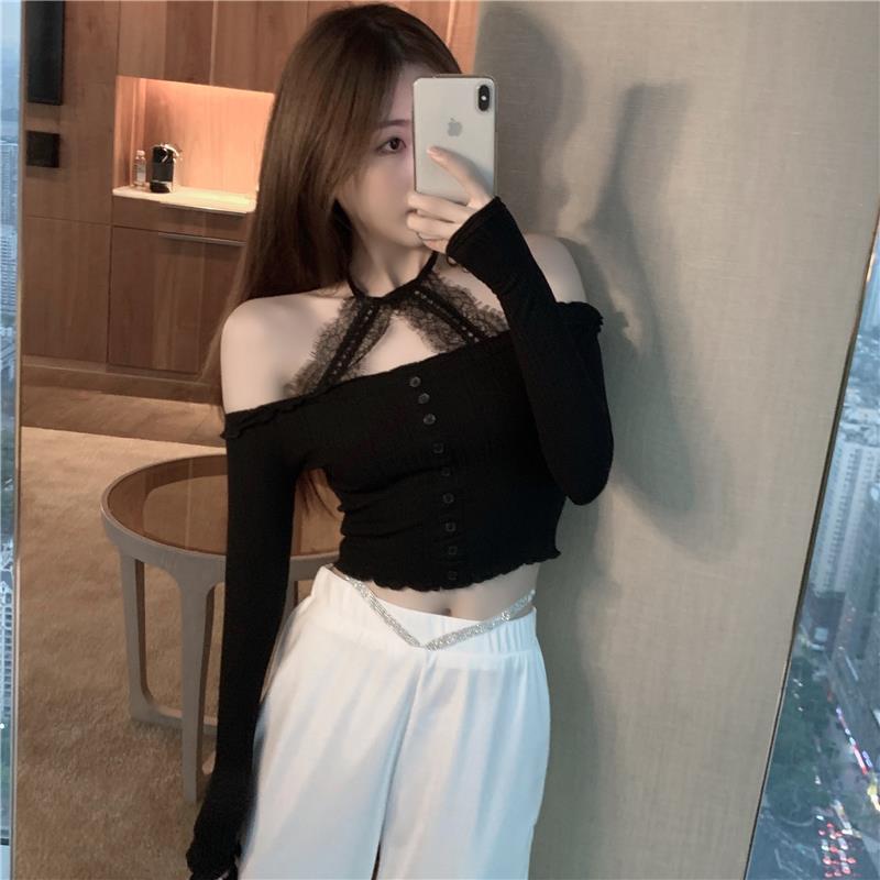 Áo croptop dài tay phối ren trễ vai quyến rũ cho nữ