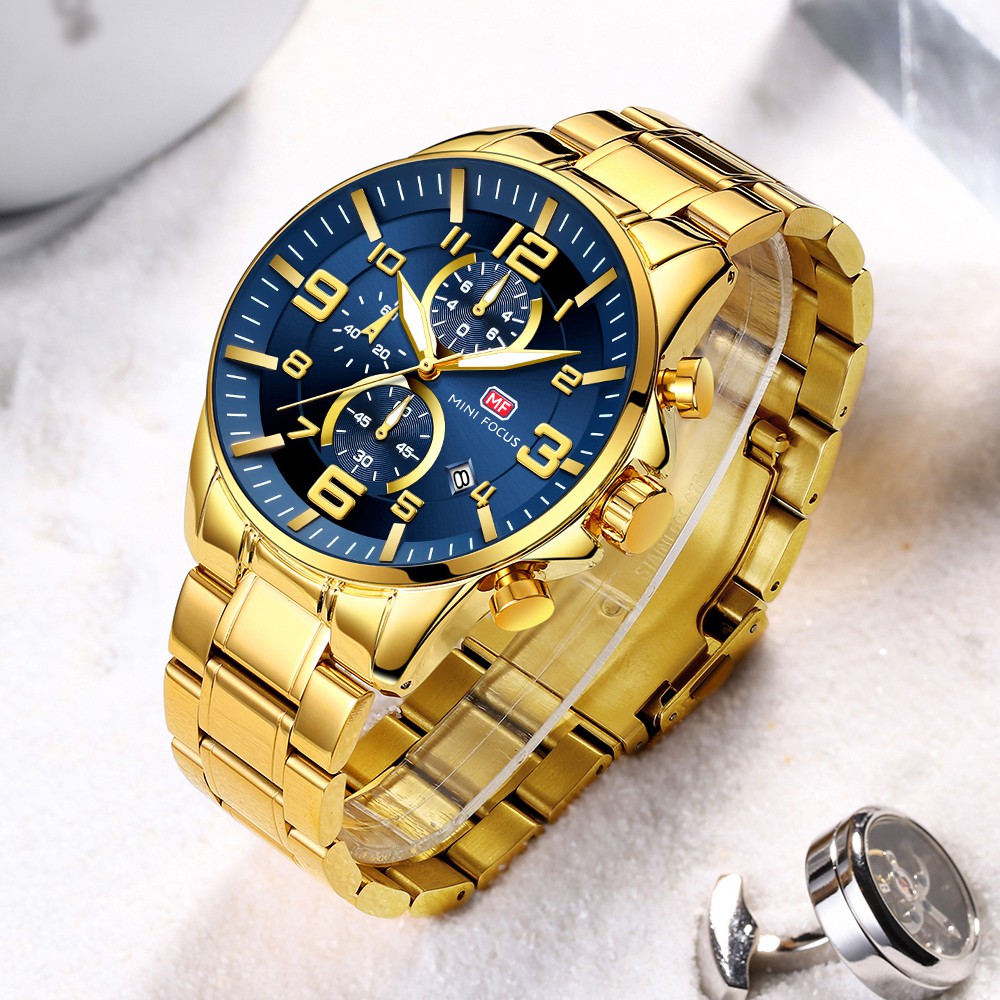 MINI FOUCS Đồng hồ nam thời trang vàng Quartz sang trọng chống nước đồng hồ nam