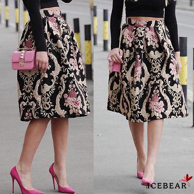 A2R-Vintage Women Floral Stretch High Waist Pleated Swing Long Dress Party A-Line Skirt