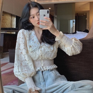 Áo Croptop Sơmi Ôm Eo Tay Bồng Phối Ren