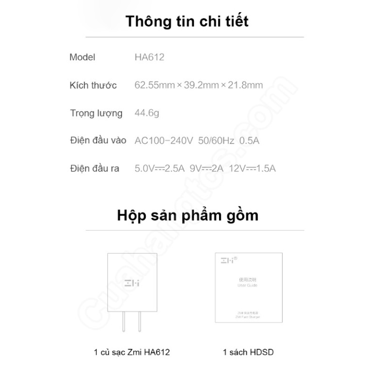18W| Củ sạc nhanh 18W Zmi Xiaomi HA612 Cốc sạc nhanh Xiaomi