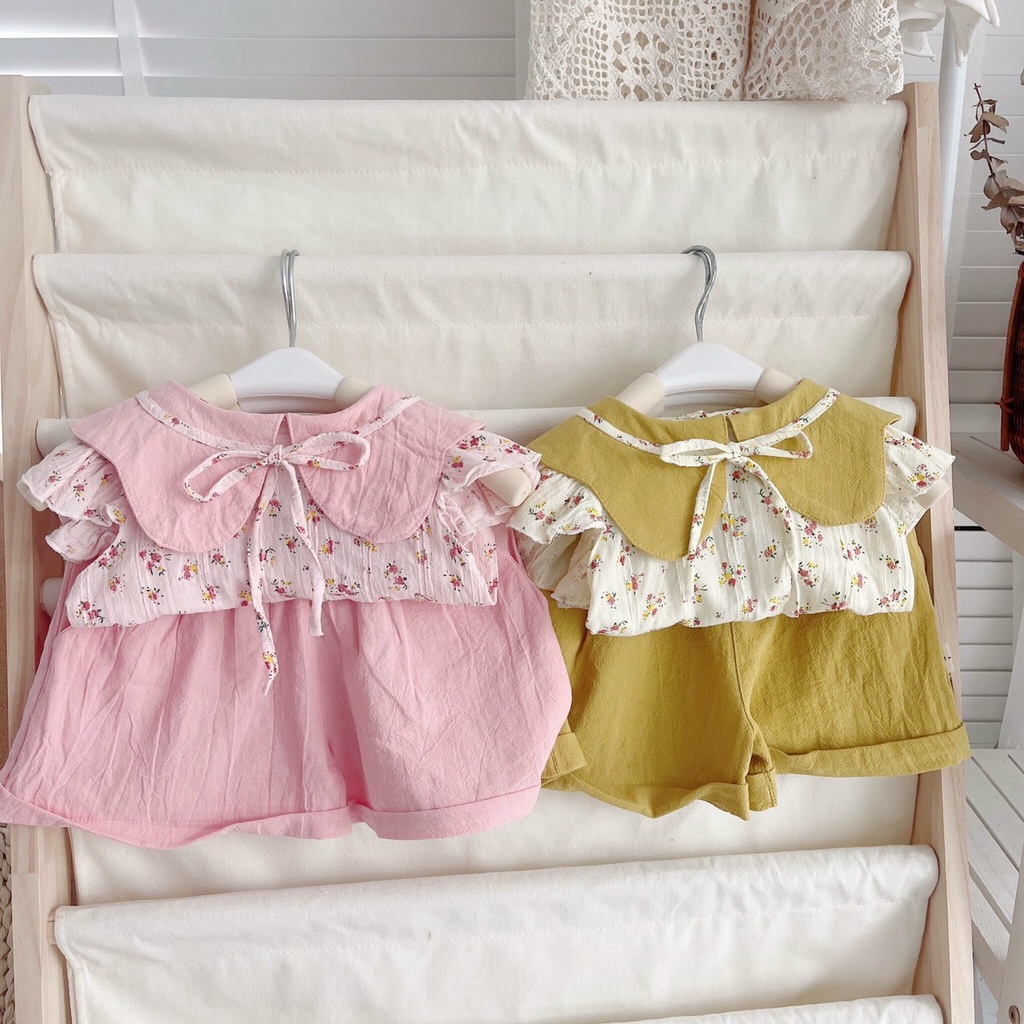 Bộ hè tay hến, cổ lá cách điệu cho bé giá 8-21kg (1-6 tuổi)