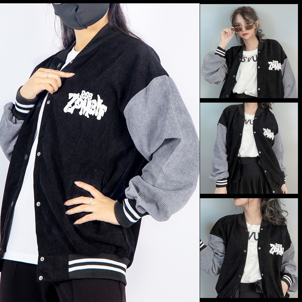 Áo khoác bomber kaki nhung tăm RobZombie varsity jacket unisex nam nữ form rộng GAZU -069