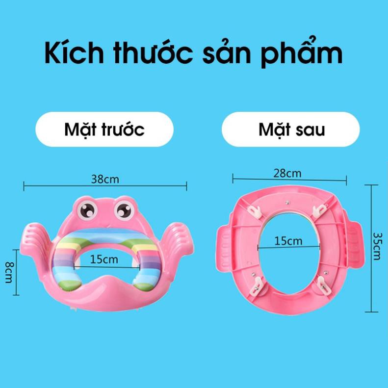 Bệ lót thu nhỏ bồn cầu có tay vịn, có đệm chống trơn trượt an toàn cho bé khi sử dụng, phù hợp cho bé từ 6 tháng tuổi