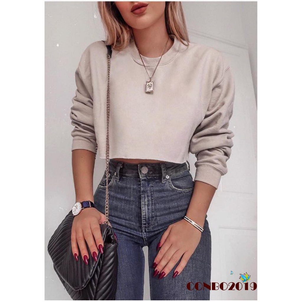 Áo Croptop Tay Dài Thiết Kế Đơn Giản Cho Phái Nữ