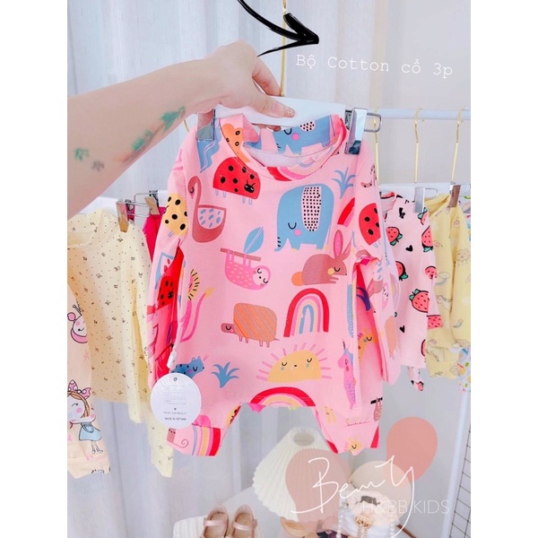 SIZE 7-13kg: Bộ cotton cổ 3 phân cực đep ngày mùa thu se lạnh cho bé gái - BCC3PN