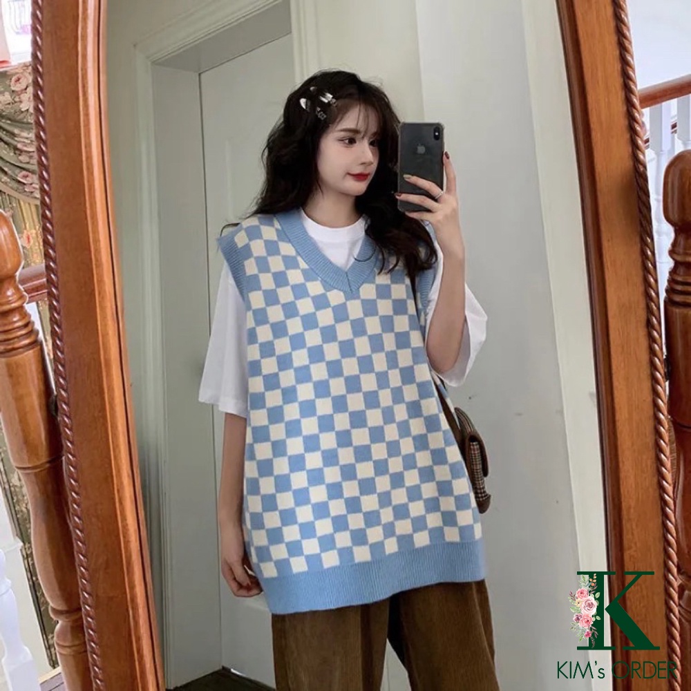 Áo len gile cổ chữ V kẻ caro xanh trắng nam nữ unisex không tay sát nách chất len loại 1 dày dặn mịn năng động đi học