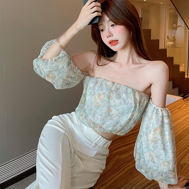 Áo voan croptop trễ vai tay loe in hoa thời trang cho nữ