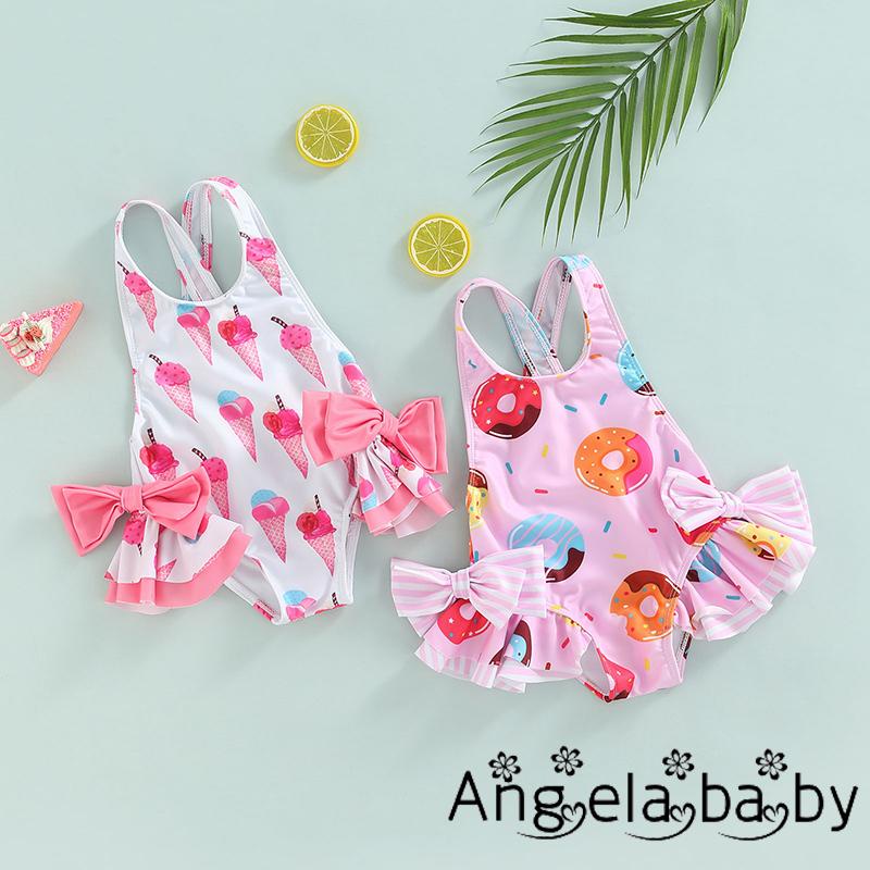Hian-đồ Bơi Một Mảnh Không Tay Có Nơ In Hình Bánh Donut/Kem Cỡ Lớn Dành Cho Bé Gái
