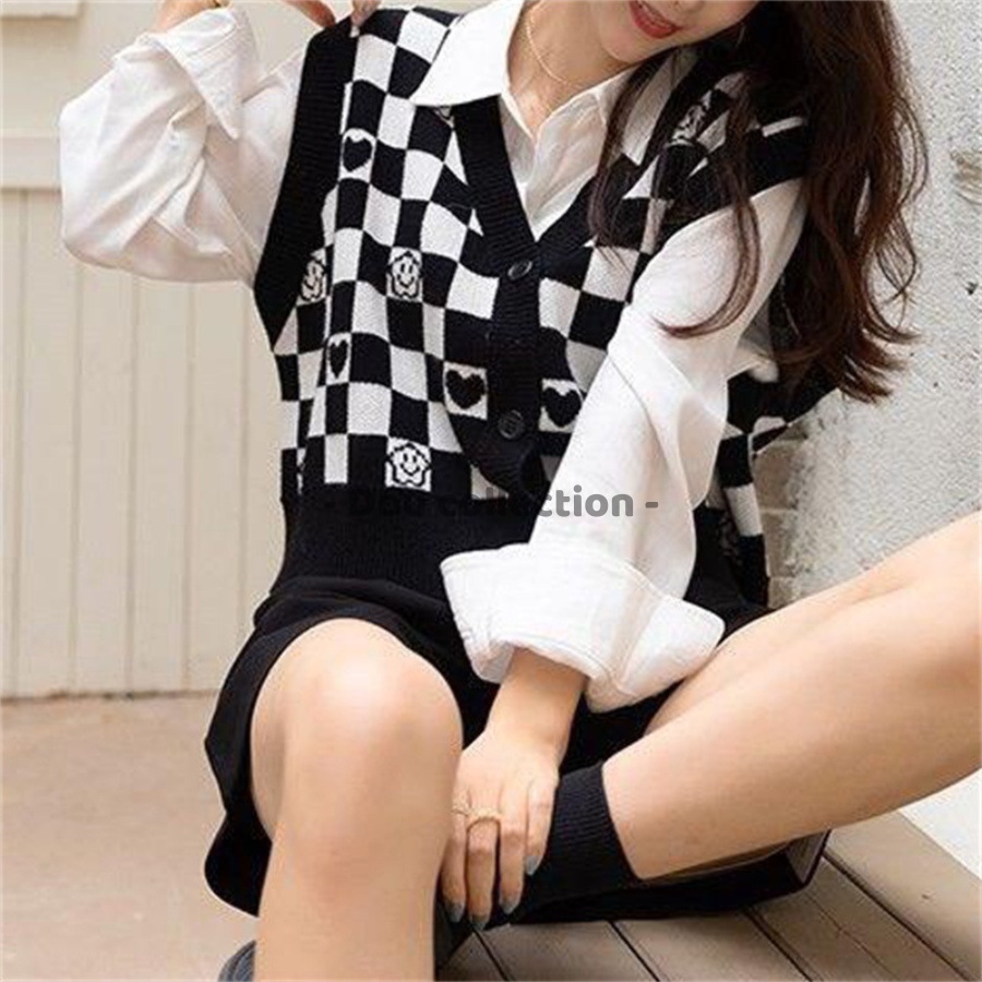 Áo Gile Len Dệt Kim Họa Tiết Caro Vintage Áo Len Không Tay Dáng Xuông Cá Tính Thời Trang Thu Đông - Mã TA036