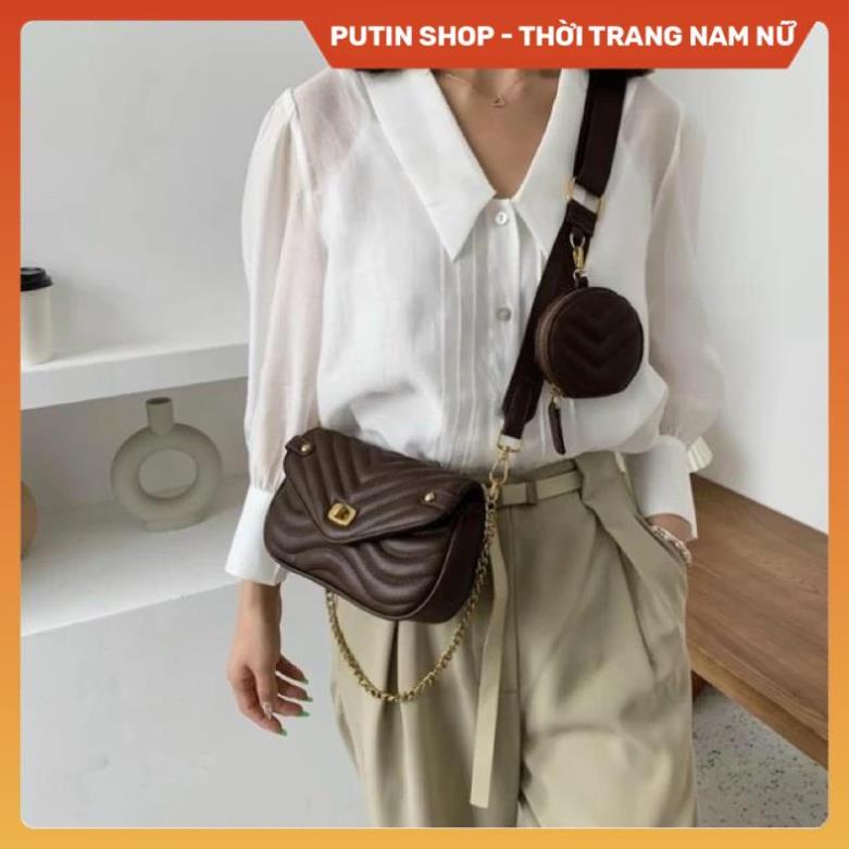 Túi trần trám da mềm bản 2 dây kèm ví tròn nhỏ siêu hót, Túi xách đeo chéo màu đen trắng nâu thời trang mới