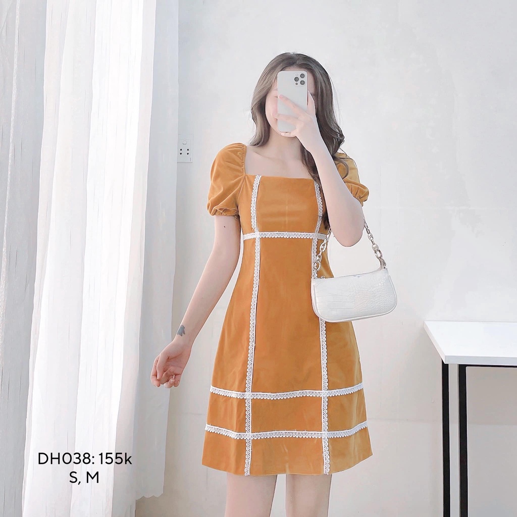 Đầm nhung phối viền ren (DH038)