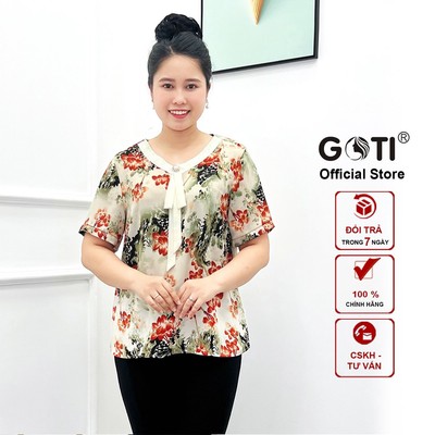 GOTI - Áo Sơ Mi Trung Niên Nữ U50-60 Bigsize Dành Tặng Mẹ Dạng Áo Kiểu Nơ Cổ Đính Phụ Kiện 3A36 3A17 3A02