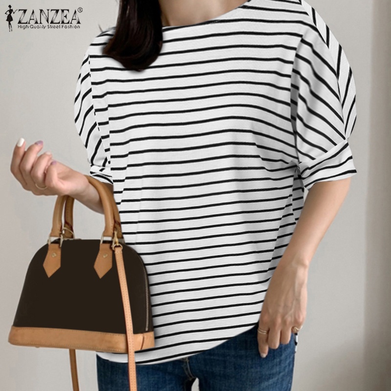 Áo thun ZANZEA tay lửng 3/4 họa tiết sọc ngang thời trang cho nữ