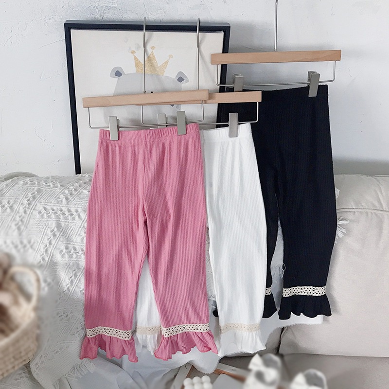 Quần legging màu trơn phối ren xinh xắn thời trang mùa thu theo phong cách hàn quốc cho bé gái