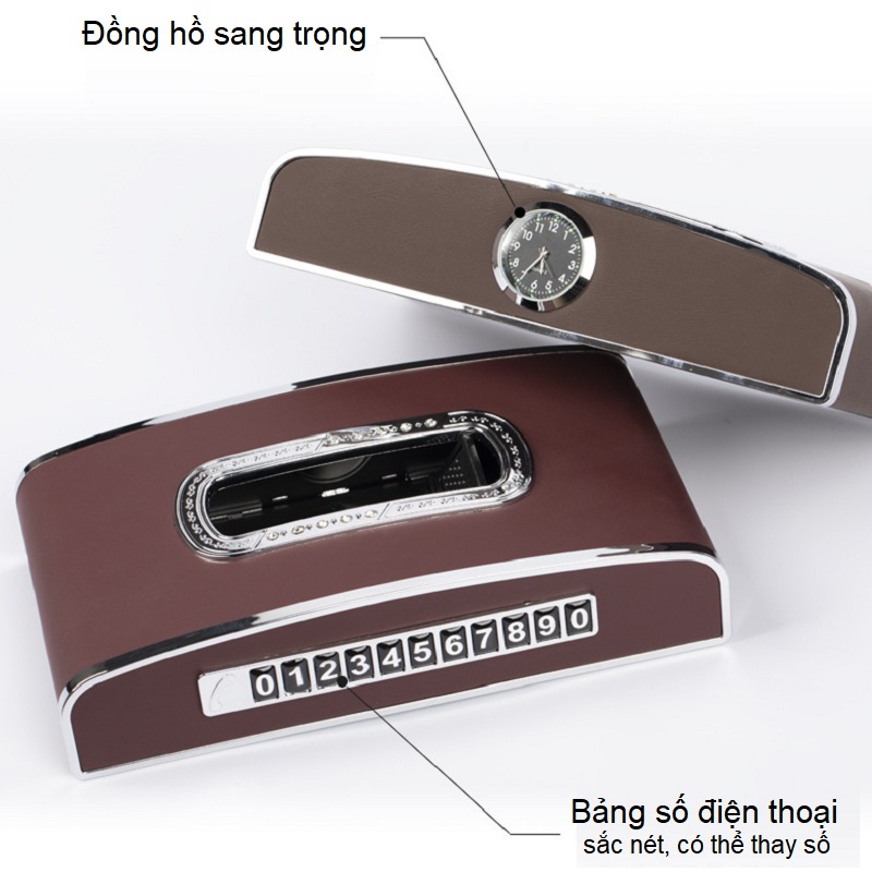 Hộp đựng khăn giấy trên ô tô cao cấp đa chức năng: đựng giấy, đồng hộ, bảng số điện thoại