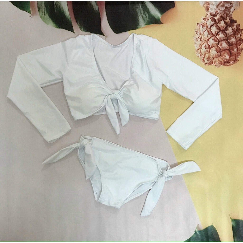 Bikini, Đồ Bơi Đi Biển Hai Mảnh Tay Dài Trắng Quần Tam Giác Nơ ODERI HM-039