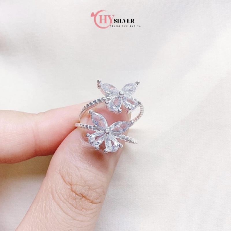 Nhẫn bạc ta hồ điệp nạm đá nhẫn hở Freesize nhẫn nữ bạc ta bươm bướm