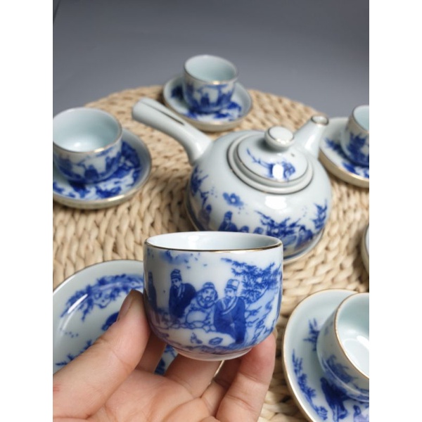 BỘ ẤM CHÉN BÁT TRÀNG MEN LAM TRÚC LÂM THẤT HIỀN QUAI NGANG 350ML