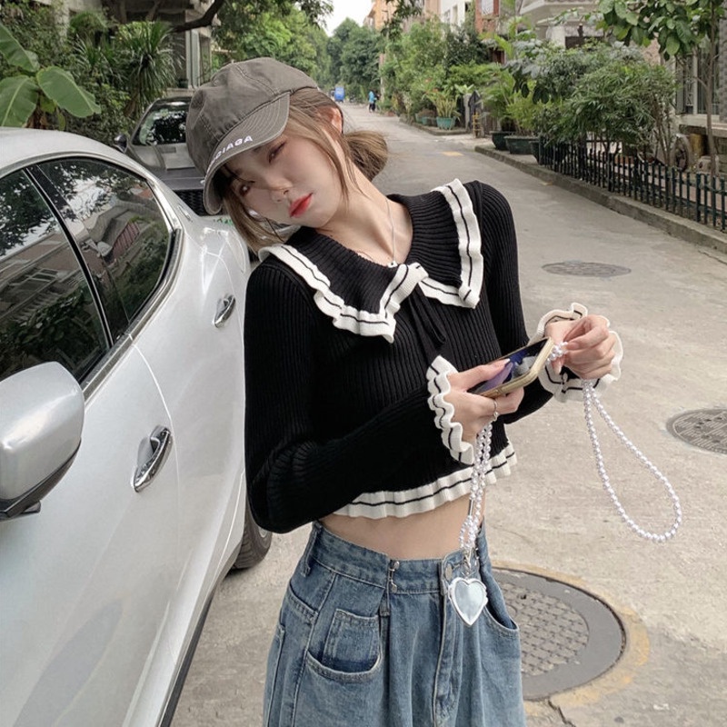 Áo len ngắn có cột dây với đường cắt tỉa thời trang mùa xuân độc đáo cho nữ