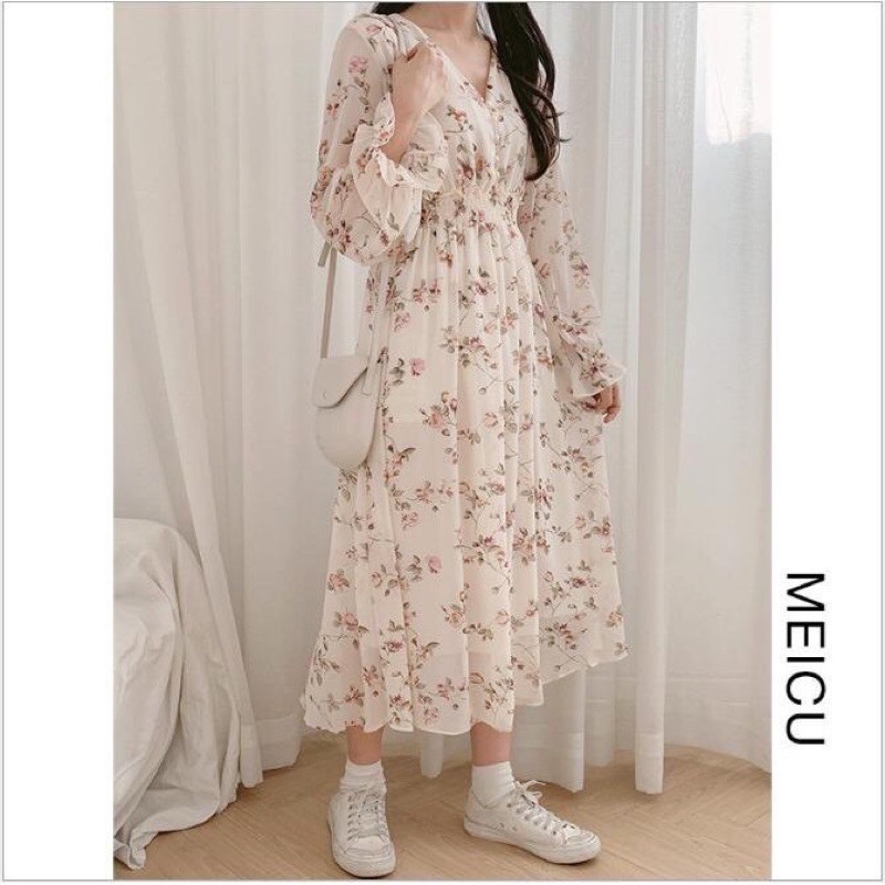 Đầm ulzzang hoa cổ viền nút nhún eo chất voan tơ mềm mịn 2 lớp tay dài