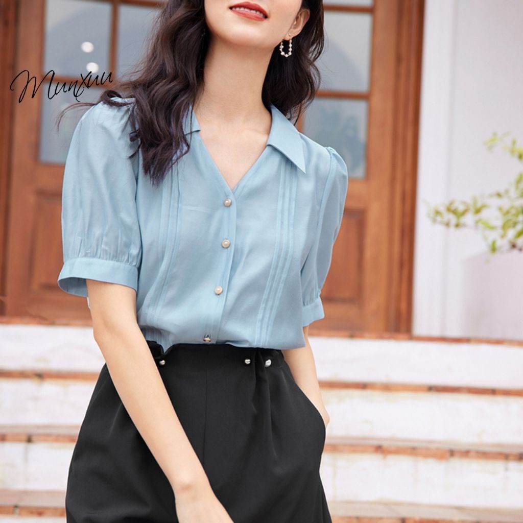 Áo sơ mi nữ kiểu tay ngắn Munxuu dáng basic thời trang công sở, thiết kế dập ly thanh lịch, vải Tơ mềm chống nhăn - SP46