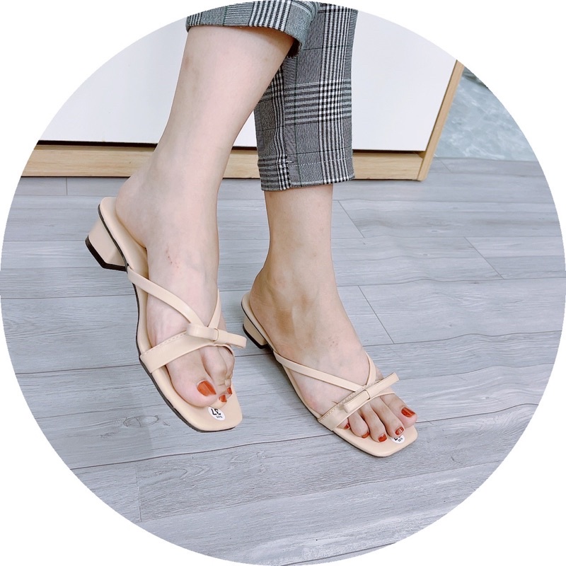 Dép Guốc quai mảnh phối nơ nhỏ da lì gót 3p