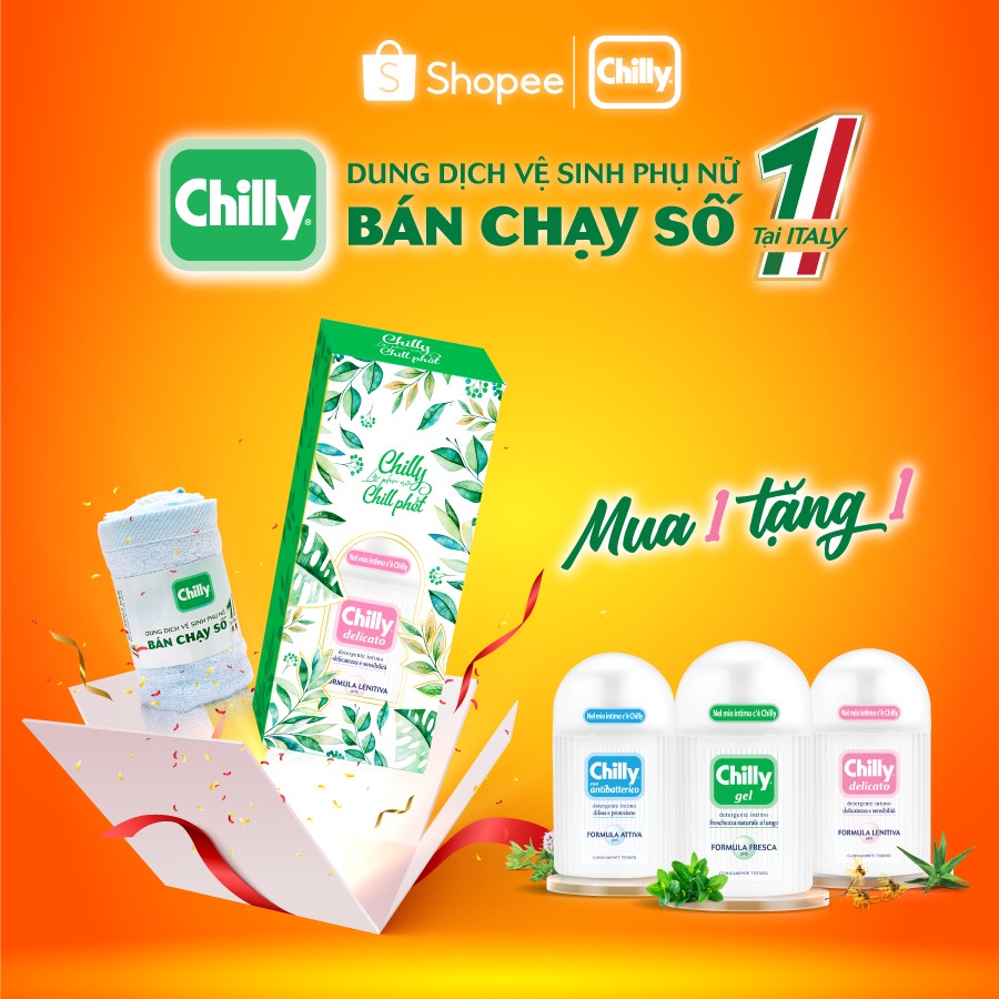 Dung dịch vệ sinh phụ nữ Chilly Gel - Se se lạnh, bùng tươi mát -  số 1 tại Italy -  (200ml/chai)