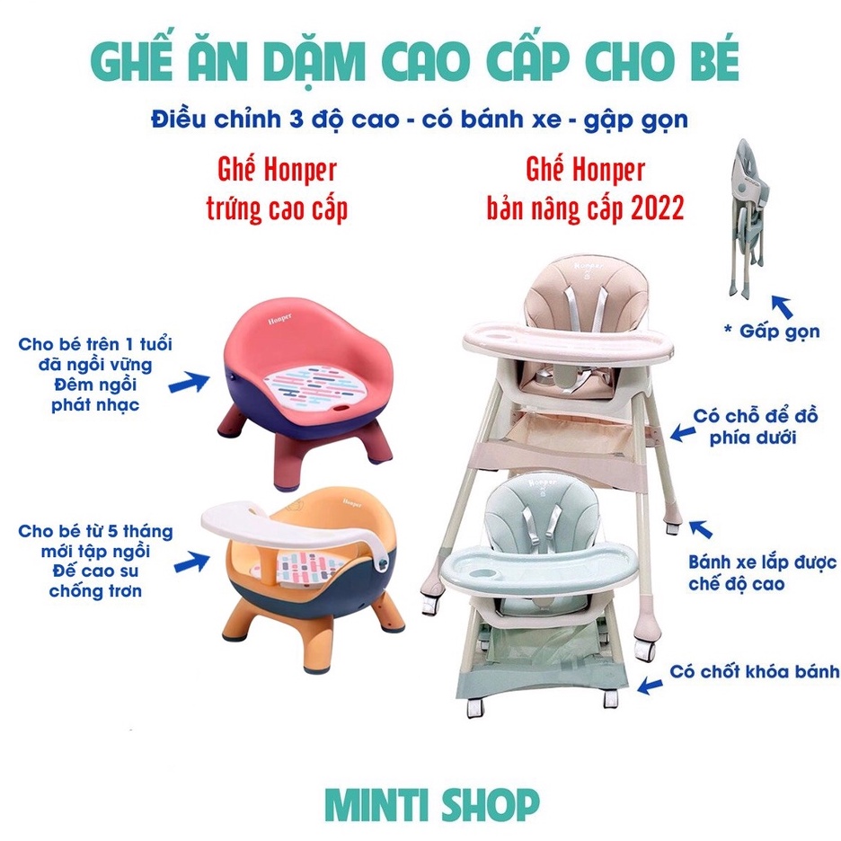 Ghế ăn dặm Honper/ Honper Trứng cao cấp lắp 2 độ cao có bánh xe và gấp gọn cho bé