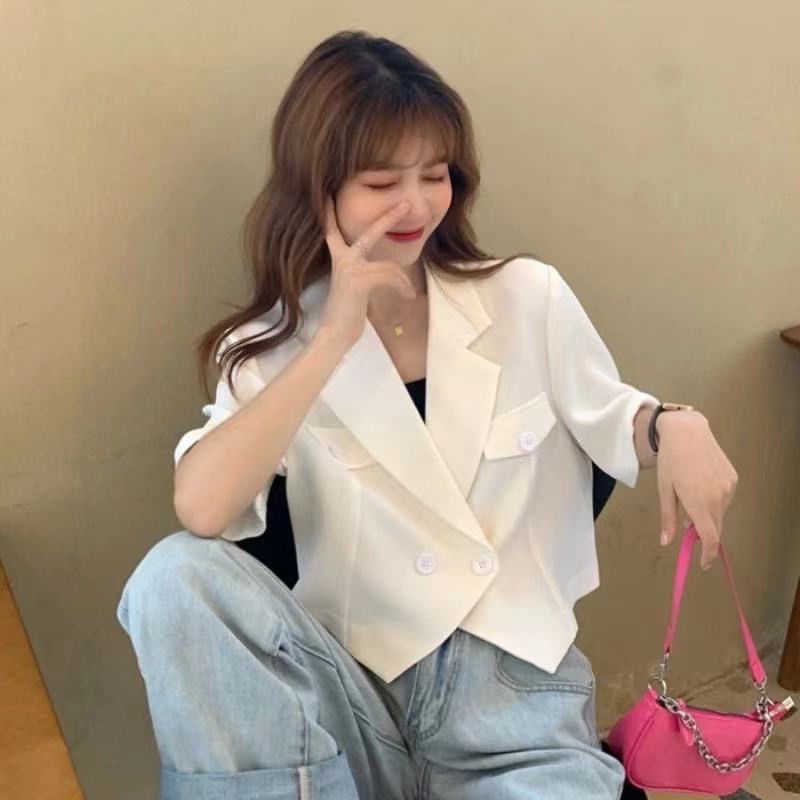 Jiashucheng Áo Khoác Vest Mỏng Tay Ngắn Dáng Rộng Màu Trắng Phong Cách Hàn Quốc Thời Trang Mùa Hè Xinh Xắn Cho Nữ