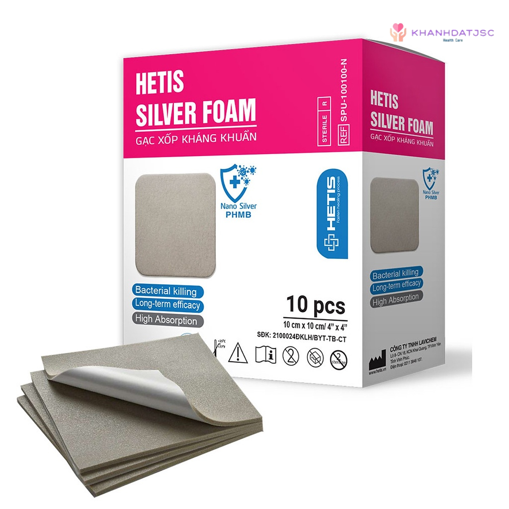 Gạc xốp tẩm bạc nano HETIS Silver Foam thấm hút, giữ dịch, kháng khuẩn tốt