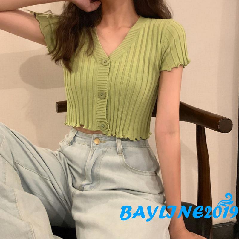 Áo Thun Nữ Ngắn Tay Cổ Chữ V Màu Trơn Kiểu Dáng Thời Trang