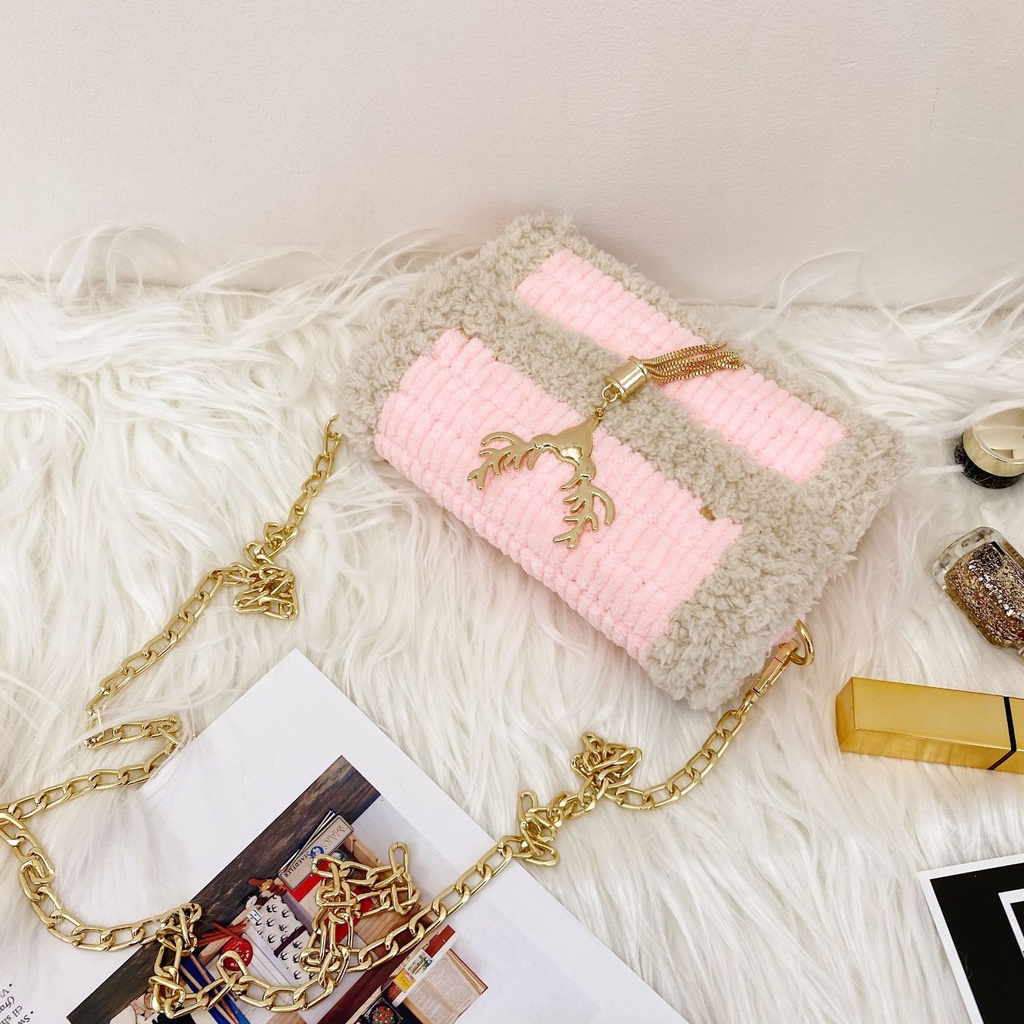 Túi len tự đan phối màu, túi đeo chéo thời trang Hàn Quốc - Bộ phụ kiện đầy đủ LX103