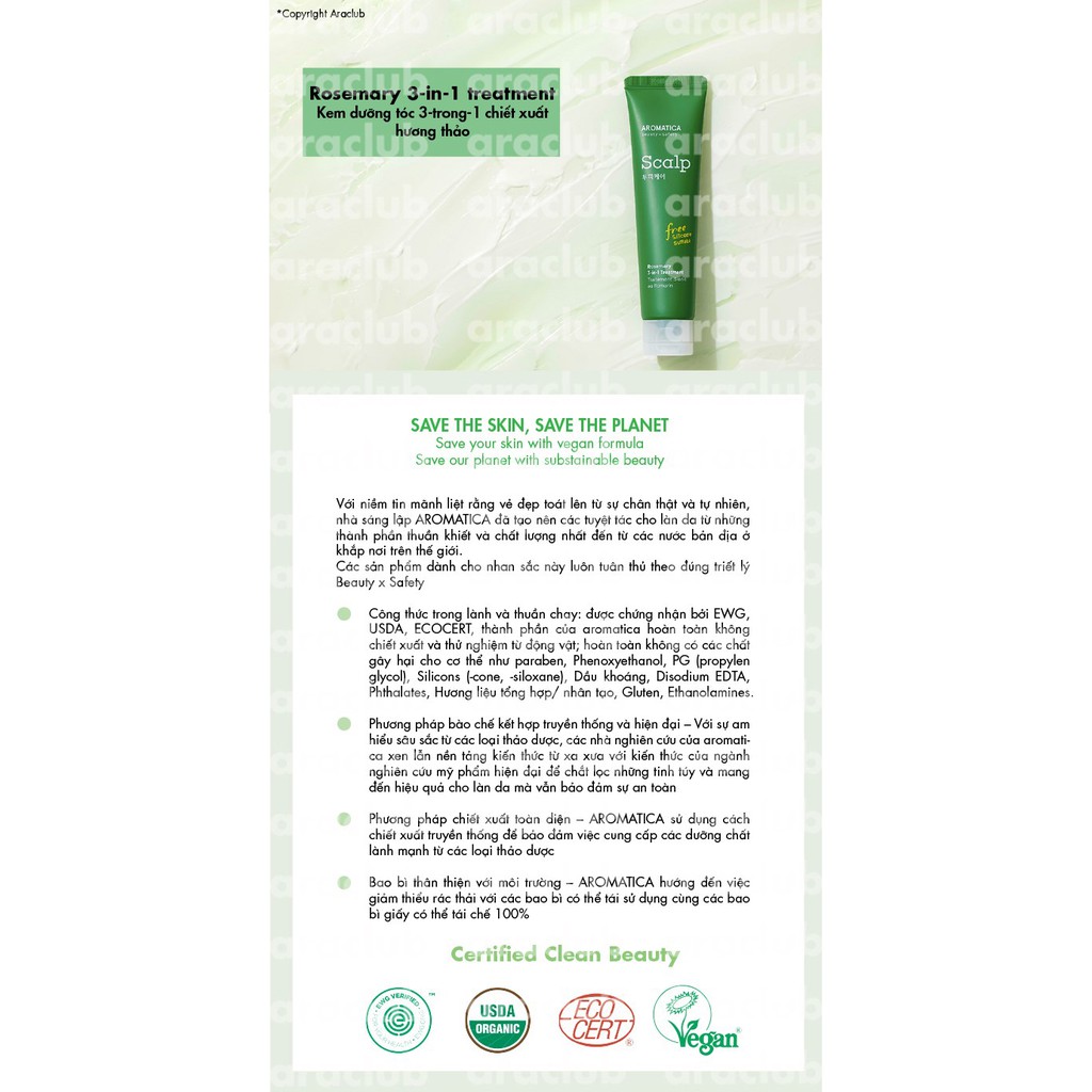 [Hàng Chính Hãng] Kem Ủ Tóc Giảm Gàu Nấm Kích Thích Mọc Tóc Chiết Xuất Hương Thảo Aromatica Scalp 3-in-1 Treatment 160g