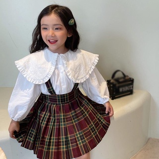 Đầm yếm họa tiết sọc caro/ Áo sơ mi cổ bẻ tay phồng dễ thương cho bé gái 3-8 tuổi