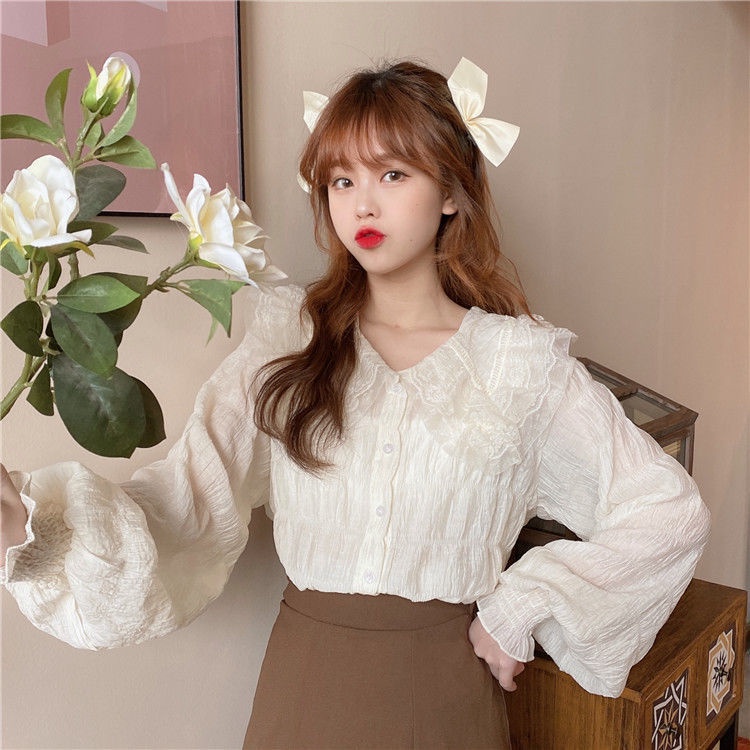 Áo sơ mi tay dài cổ búp bê thiết kế mới thời trang xuân thu dành cho nữ