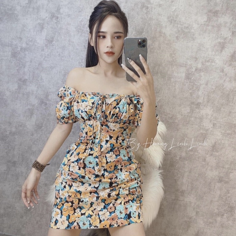 Váy body trễ vai, đầm body trễ vai chít eo thon sexy hoạ tiết hoa nhí