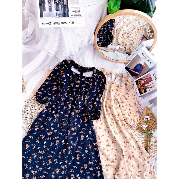 ĐẦM MIDI HOA CỔ VUÔNG TAY LỠ