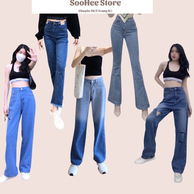 quần bò nữ dáng suông, baggy, ống rộng, cạp chun, rách