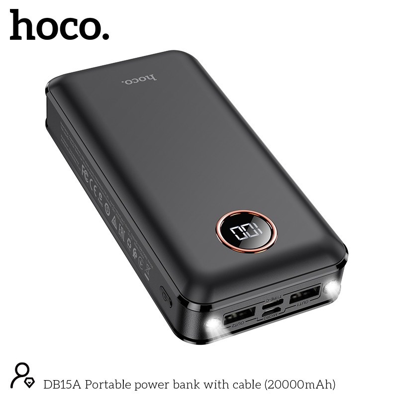 Pin sạc dự phòng Hoco DB15A 20000mAh 2 input, 2 output, kèm 3 cáp sạc, chức năng đèn pin (Đen) - Hãng phân phối