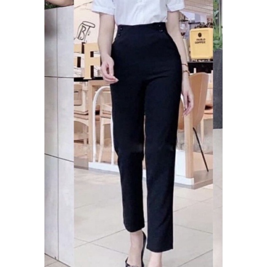 Quần baggy nữ túi  trang trí khuy công sở cạp liền lưng cạp cao vải tuyết mưa siêu đẹp