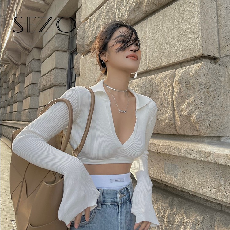 QKOOLE Áo croptop dệt kim  tay dài cổ chữ V phong cách Hàn Quốc thời trang cho nữ