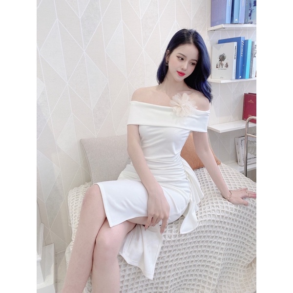 Đầm trắng trễ vai thắt nơ hoa đi chơi, dự tiệc body ôm dáng dài | BigBuy360 - bigbuy360.vn