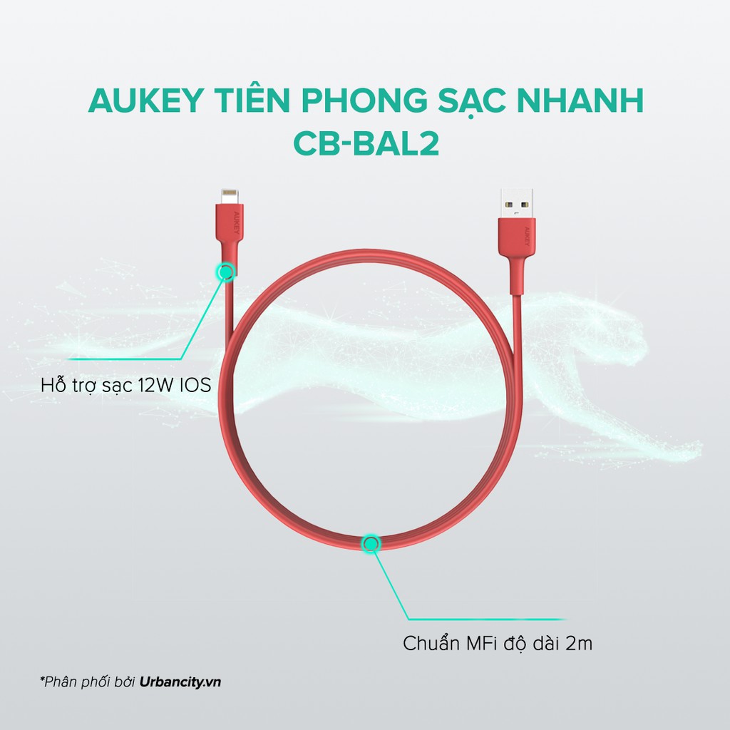 Cáp Lightning Aukey CB-BAL2 MFi Apple Nhựa Tổng Hợp Cao Cấp 2m - Hàng Chính Hãng
