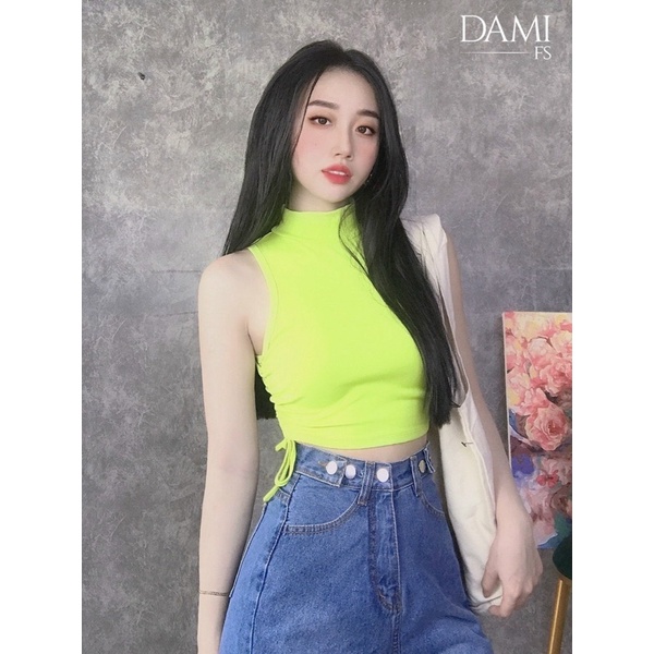 Áo ba lỗ cổ cao form croptop dây rút sườn