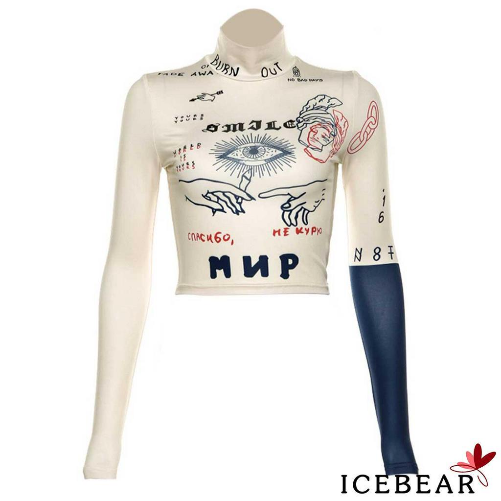 Áo Thun Tay Dài Cổ Cao Hoạ Tiết In Dành Cho Phái Nữ